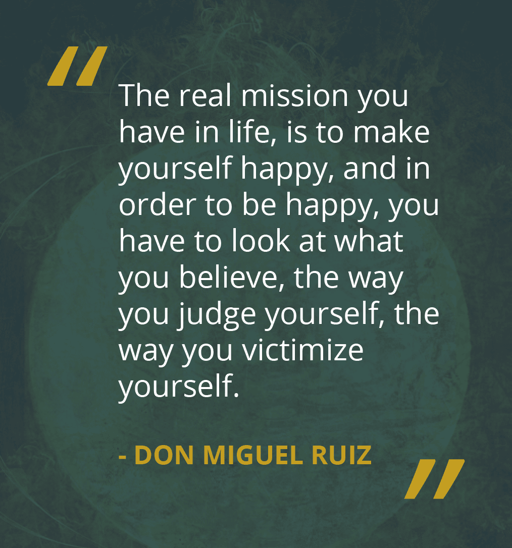 The real mission you have in life, is to make yourself happy, and in order to be happy, you have to look at what you believe, the way you judge yourself, the way you victimize yourself. - DON MIGUEL RUIZ